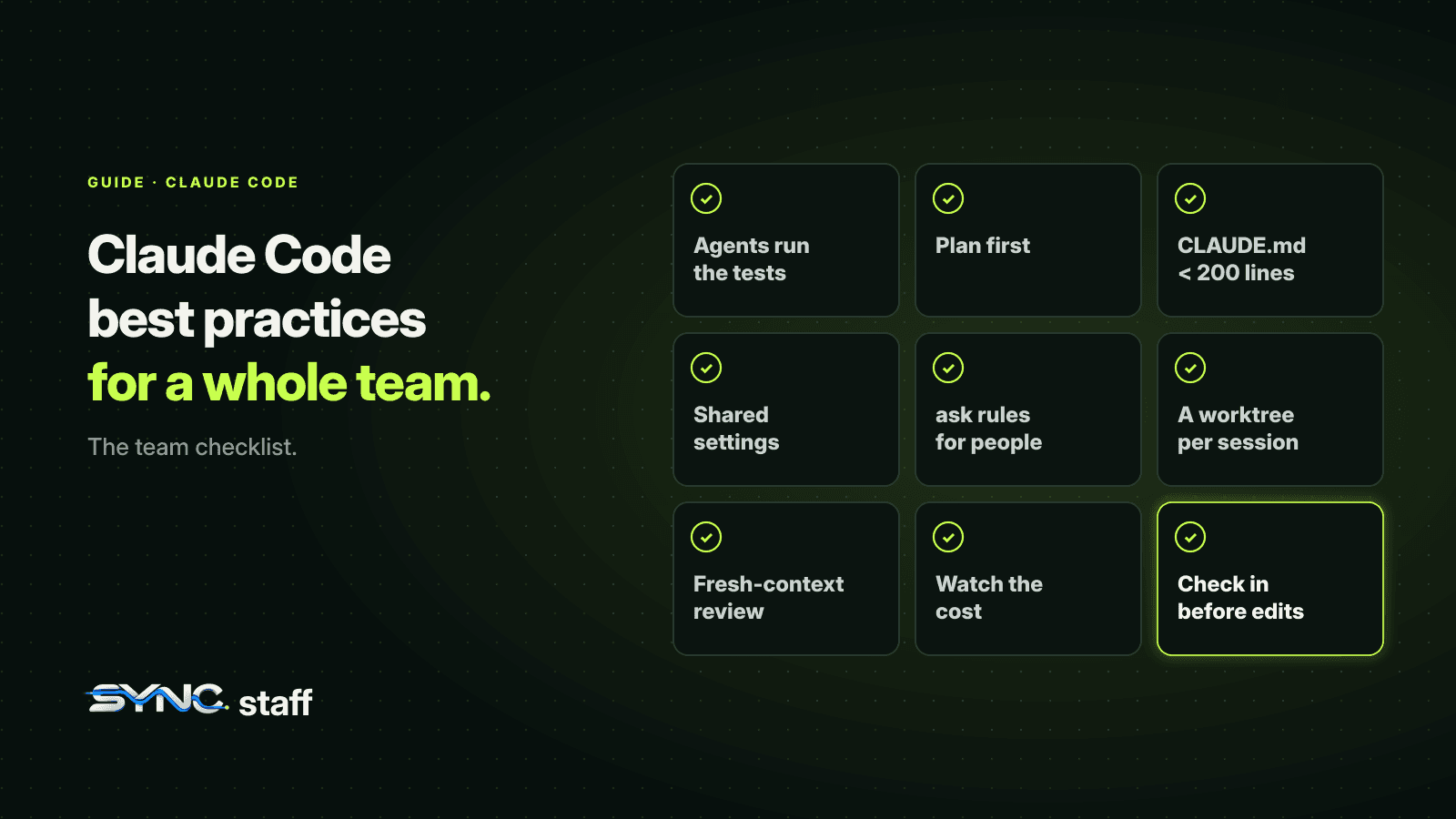 A nine-item team checklist for Claude Code: agents run the tests, plan first, CLAUDE.md under 200 lines, shared settings, ask rules, a worktree per session, fresh-context review, watch the cost, and check in before edits.